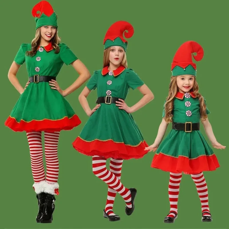 2024 Christmas Clothing Set Boy Girl Family Matching Outfit Kid Adult Santa Claus Cosplay Costume Hat Socks Pant Elf Clothes