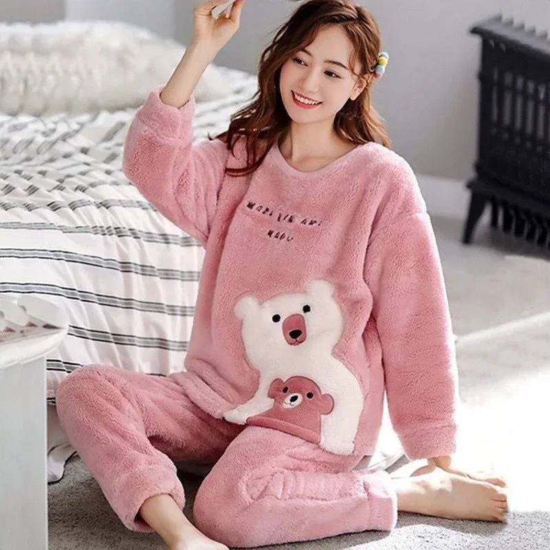 Women Pajamas Autumn Winter Flannel Warm Woman Sleepwear Korean cute Cartoon Pajama Set Fashion Pijama Mujer Home Cloth Pyjamas