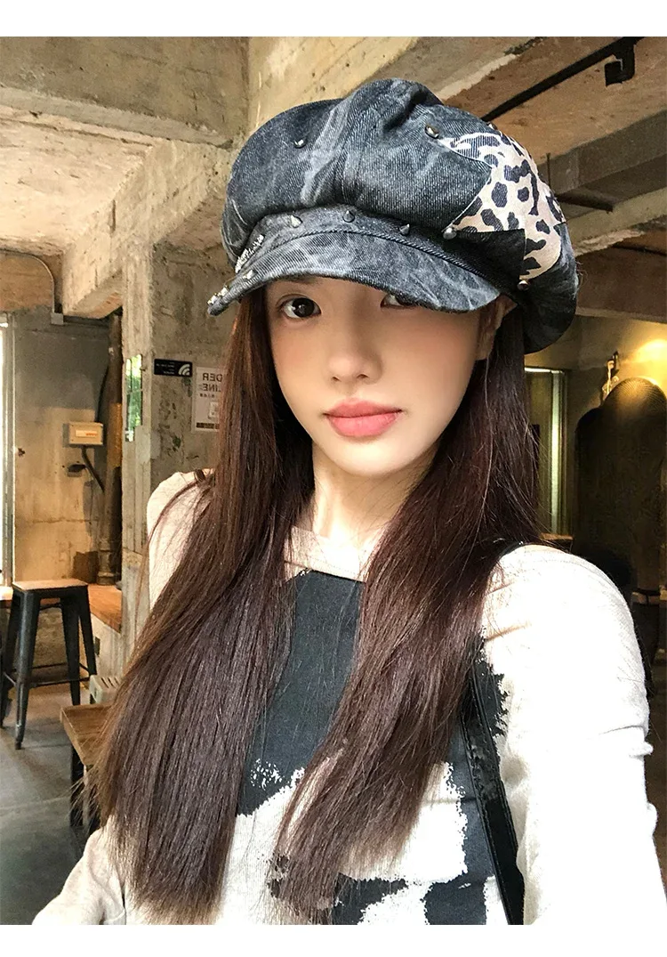 American Punk Style Rivet Star Design Octagonal Hats for Women Spring and Autumn Casual Versatile Retro Washed Denim Berets Cap