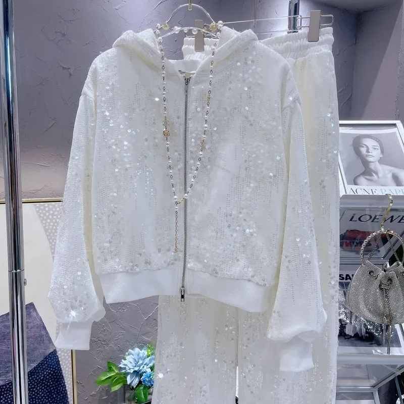 Fashion Pink Casual Suit for Women Autumn Winter New Gold Velvet Sequins Pearl Embroidery Sweatshirt Sports Pants Two-Piece Sets
