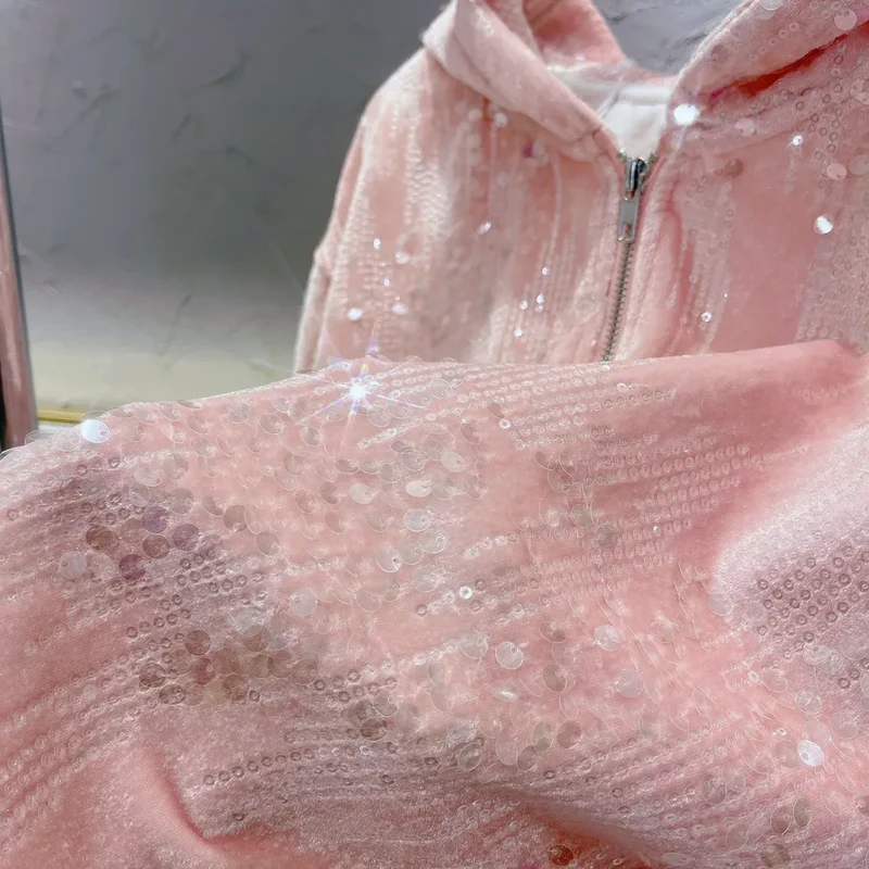 Fashion Pink Casual Suit for Women Autumn Winter New Gold Velvet Sequins Pearl Embroidery Sweatshirt Sports Pants Two-Piece Sets