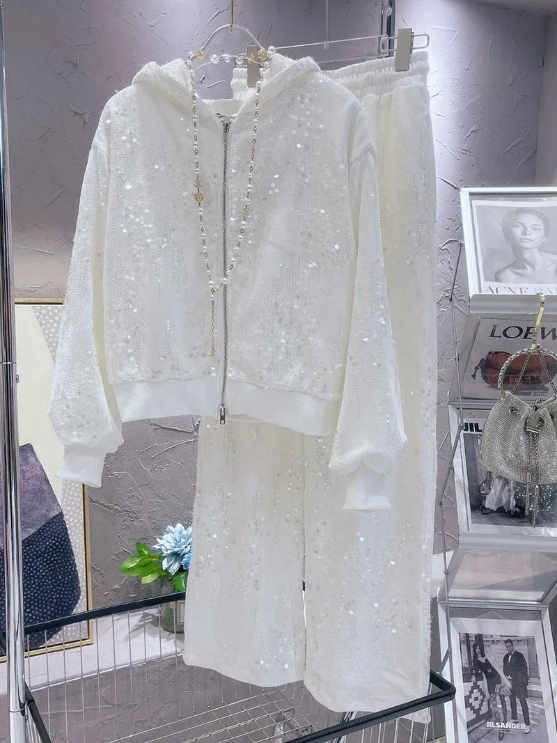 Fashion Pink Casual Suit for Women Autumn Winter New Gold Velvet Sequins Pearl Embroidery Sweatshirt Sports Pants Two-Piece Sets