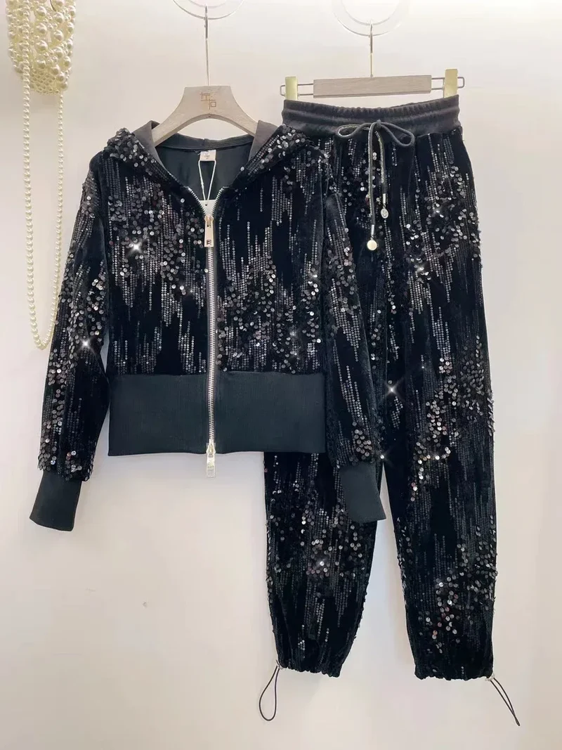 Fashion Pink Casual Suit for Women Autumn Winter New Gold Velvet Sequins Pearl Embroidery Sweatshirt Sports Pants Two-Piece Sets