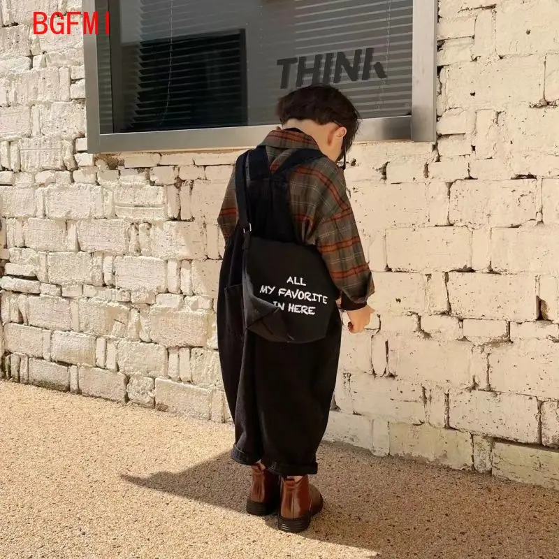 Korean Children's Clothing Girl Boys Suspender Pants+ Checkered Shirt Set Girls Baby Shirt Outfits Spring Autumn Kids Jeans Sets