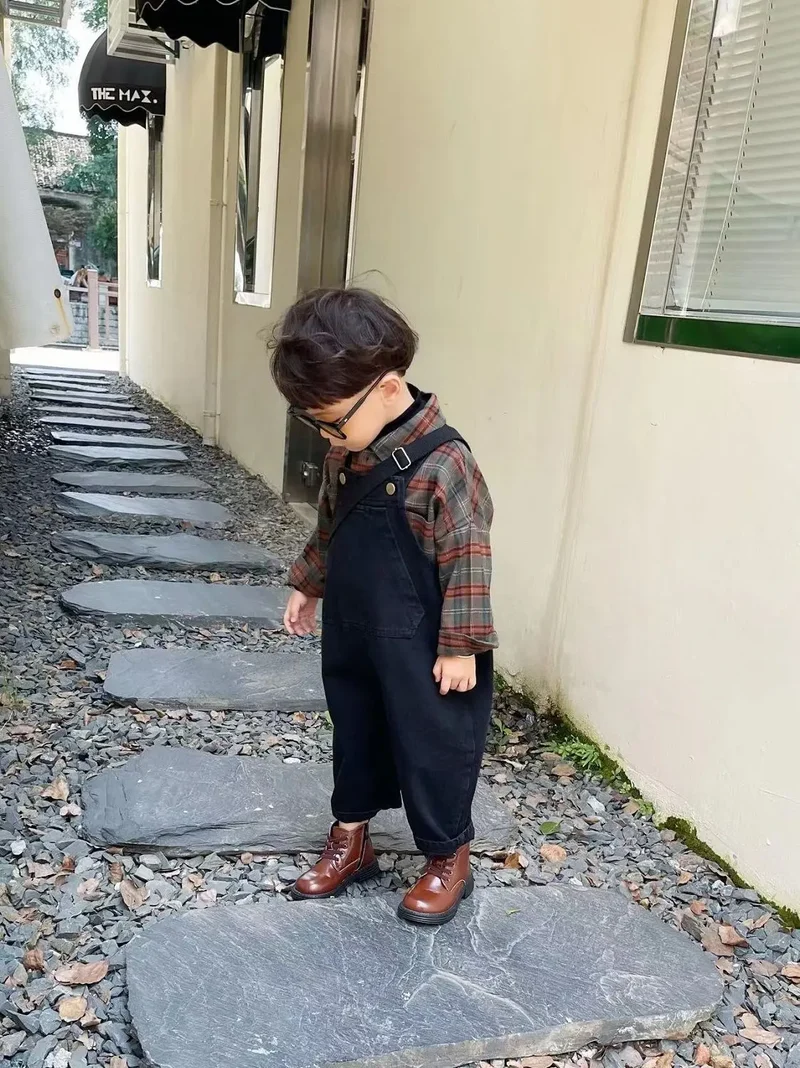 Korean Children's Clothing Girl Boys Suspender Pants+ Checkered Shirt Set Girls Baby Shirt Outfits Spring Autumn Kids Jeans Sets