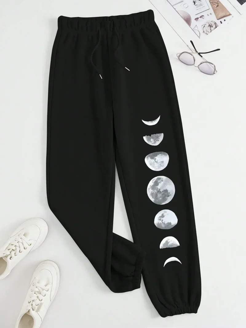 Different Forms Of The Moon Print Casual Versatile Women Pants Fashion Trendy Trousers With Drawstring Pockets Sweatpants Female
