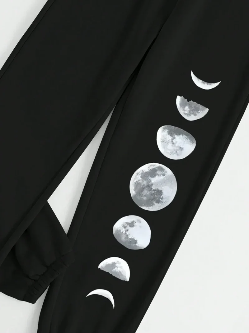 Different Forms Of The Moon Print Casual Versatile Women Pants Fashion Trendy Trousers With Drawstring Pockets Sweatpants Female