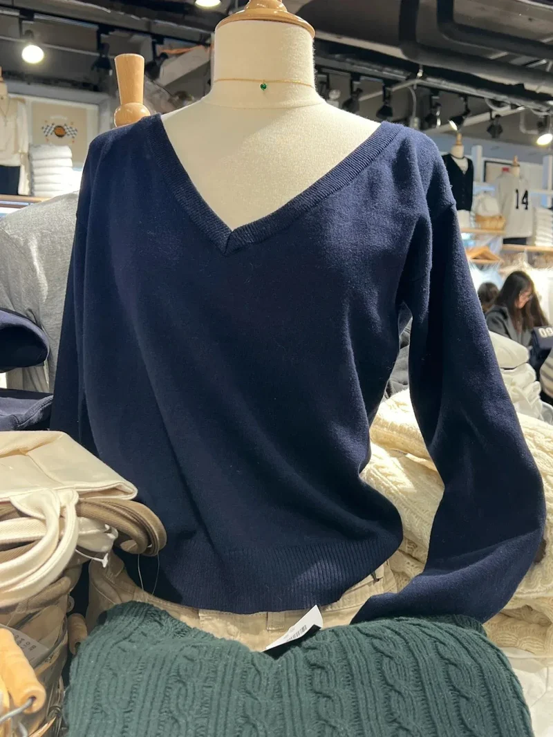 Navy Vintage Sweater Woman Autumn V-neck Long Sleeve Cotton Pullover Solid Simple Streetwear Preppy Style Sweaters Y2k Jumpers