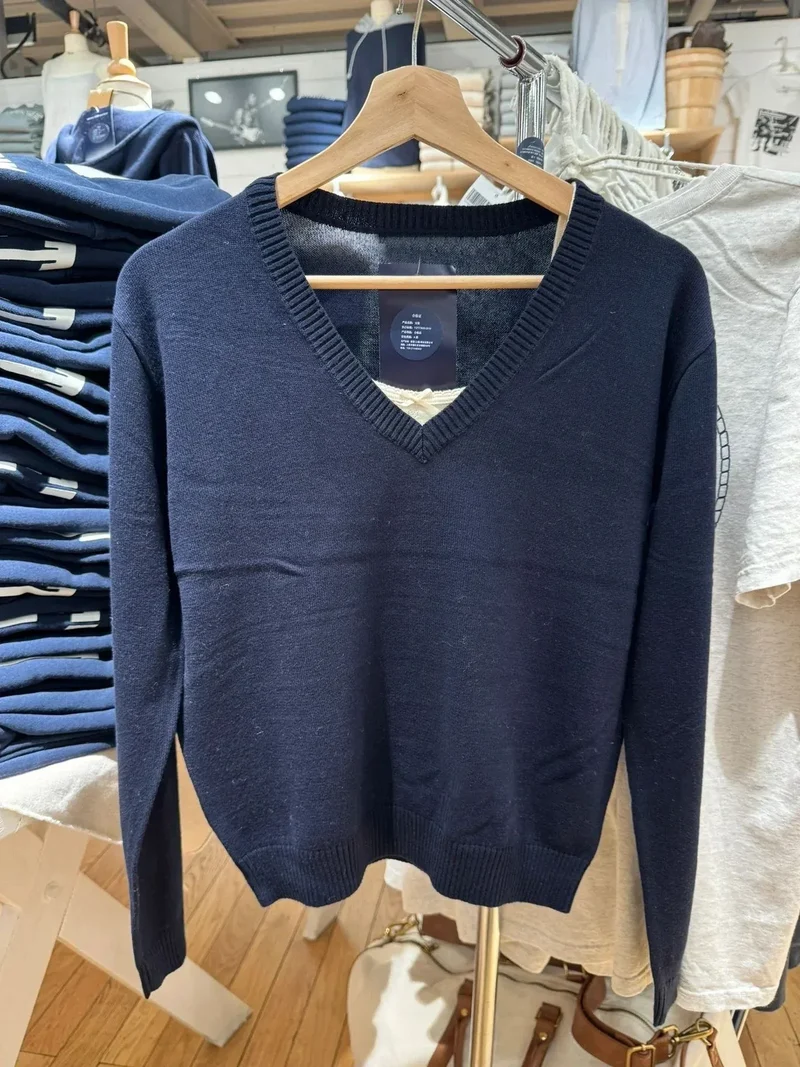 Navy Vintage Sweater Woman Autumn V-neck Long Sleeve Cotton Pullover Solid Simple Streetwear Preppy Style Sweaters Y2k Jumpers