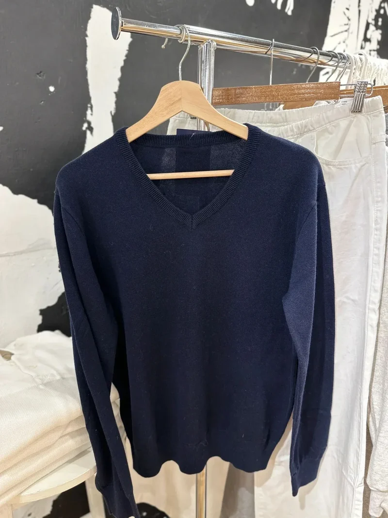 Navy Vintage Sweater Woman Autumn V-neck Long Sleeve Cotton Pullover Solid Simple Streetwear Preppy Style Sweaters Y2k Jumpers