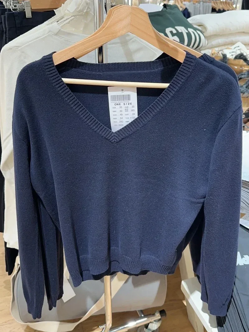 Navy Vintage Sweater Woman Autumn V-neck Long Sleeve Cotton Pullover Solid Simple Streetwear Preppy Style Sweaters Y2k Jumpers