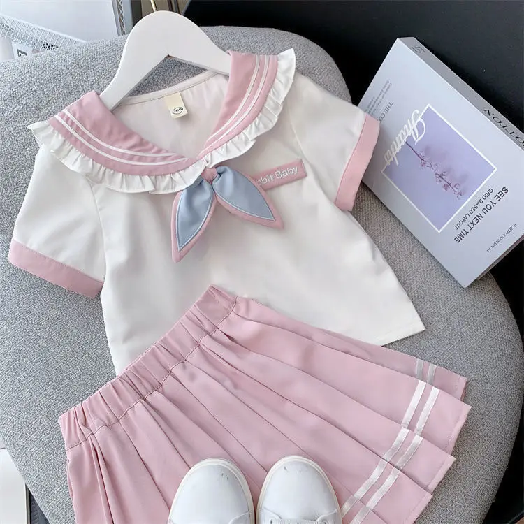 2025 autumn winter sailor T shirt blouse + jk pleated skirt toddler girls cotton teenager children 6 7 8 9 10 11 12 year