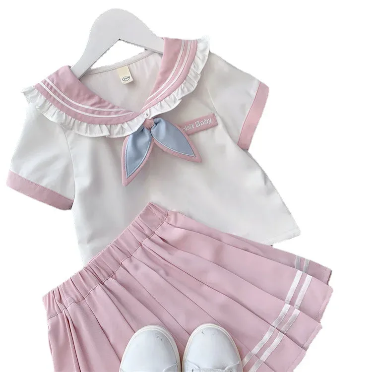 2025 autumn winter sailor T shirt blouse + jk pleated skirt toddler girls cotton teenager children 6 7 8 9 10 11 12 year