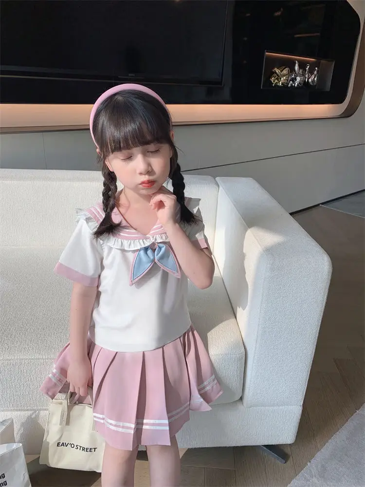 2025 autumn winter sailor T shirt blouse + jk pleated skirt toddler girls cotton teenager children 6 7 8 9 10 11 12 year