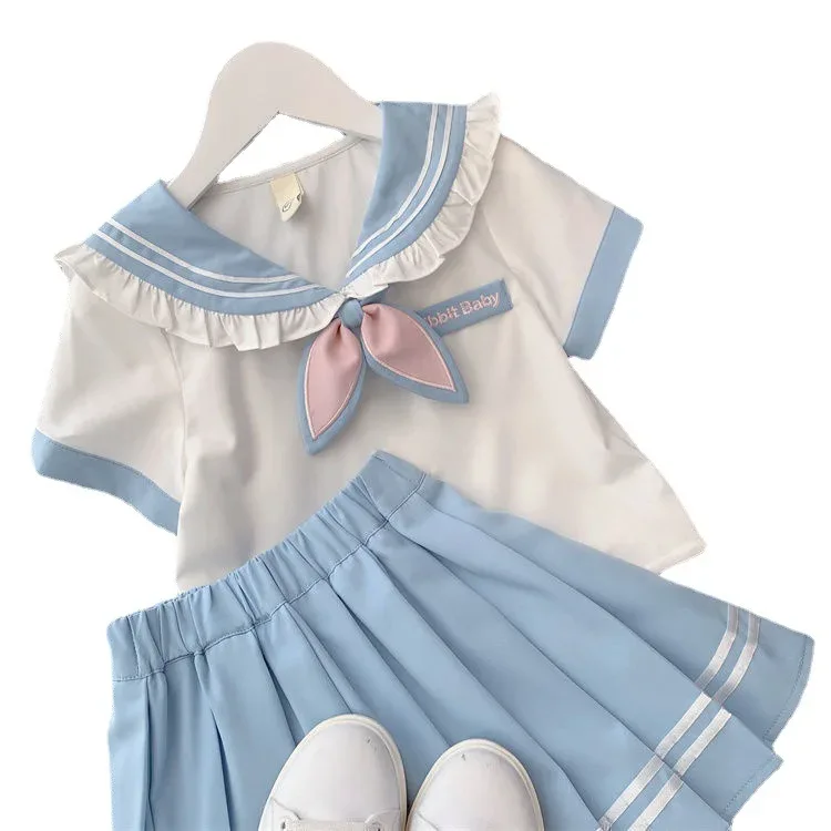2025 autumn winter sailor T shirt blouse + jk pleated skirt toddler girls cotton teenager children 6 7 8 9 10 11 12 year