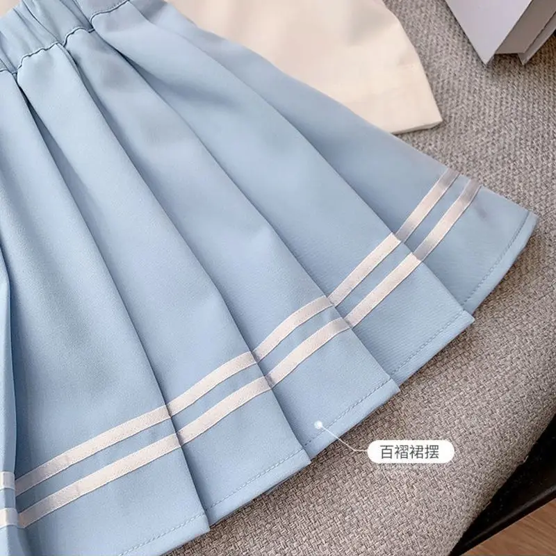 2025 autumn winter sailor T shirt blouse + jk pleated skirt toddler girls cotton teenager children 6 7 8 9 10 11 12 year