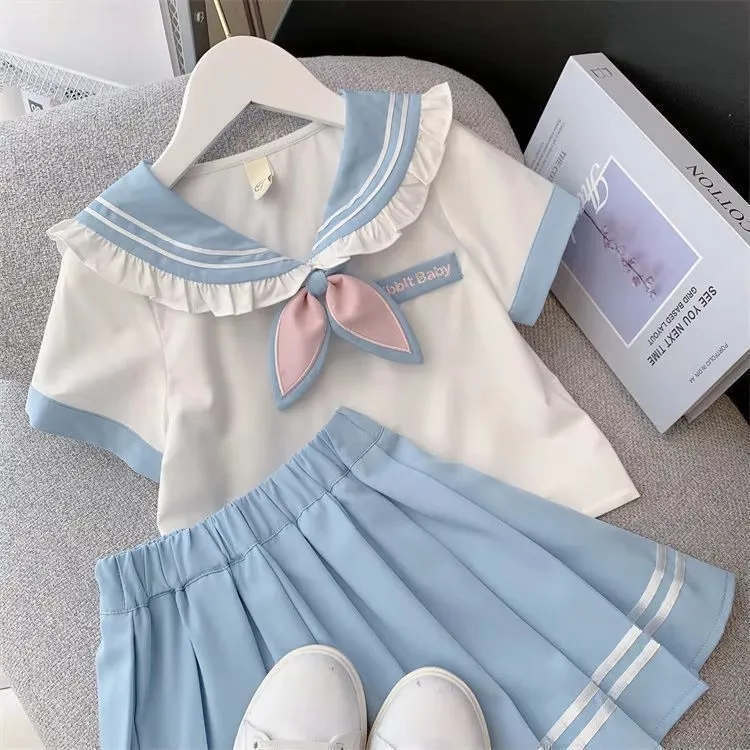2025 autumn winter sailor T shirt blouse + jk pleated skirt toddler girls cotton teenager children 6 7 8 9 10 11 12 year