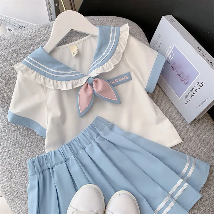 2025 autumn winter sailor T shirt blouse + jk pleated skirt toddler girls cotton teenager children 6 7 8 9 10 11 12 year