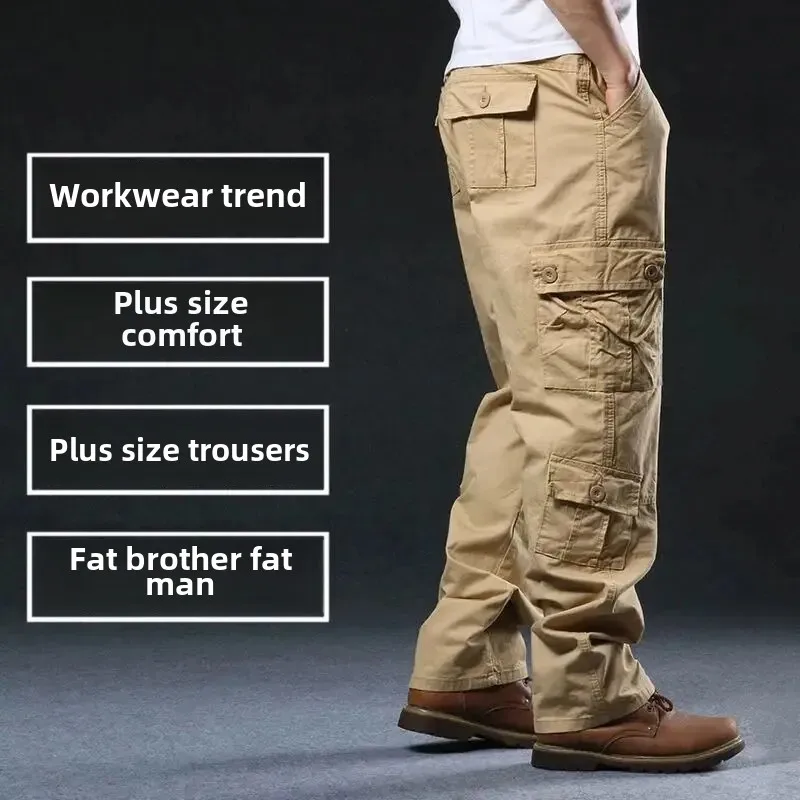Cross-Border Men's Cargo Pants Spring Autumn Loose-Fit Pure Cotton Multi-Pocket Plus Size Straight-Leg Casual Pants