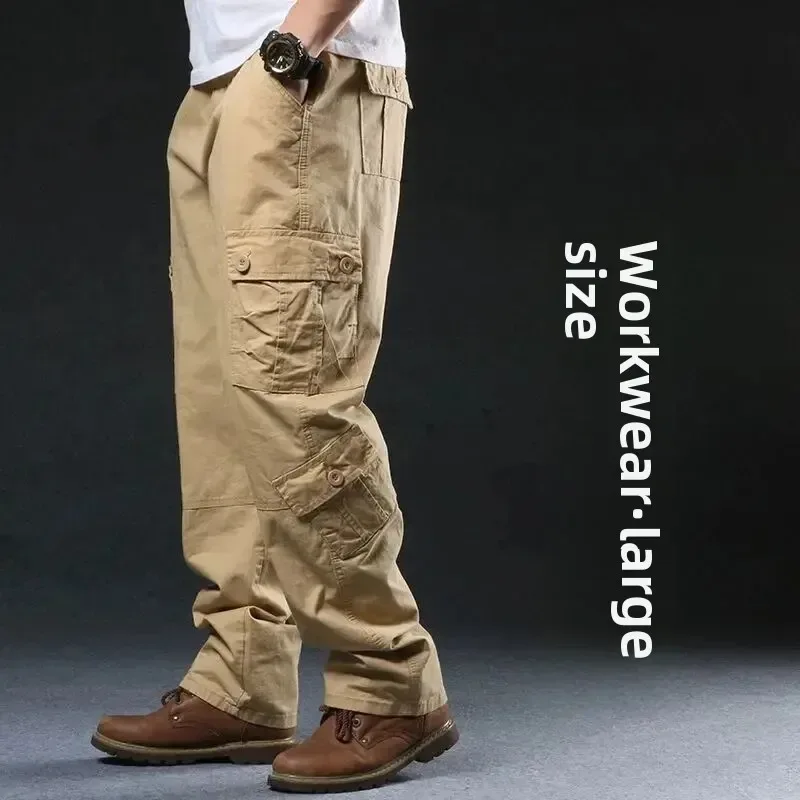 Cross-Border Men's Cargo Pants Spring Autumn Loose-Fit Pure Cotton Multi-Pocket Plus Size Straight-Leg Casual Pants