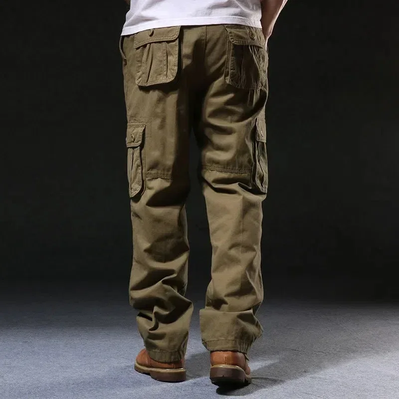 Cross-Border Men's Cargo Pants Spring Autumn Loose-Fit Pure Cotton Multi-Pocket Plus Size Straight-Leg Casual Pants