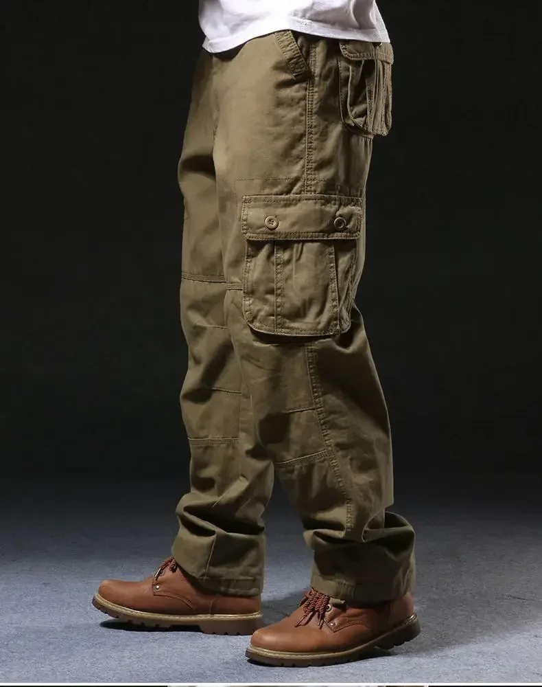Cross-Border Men's Cargo Pants Spring Autumn Loose-Fit Pure Cotton Multi-Pocket Plus Size Straight-Leg Casual Pants