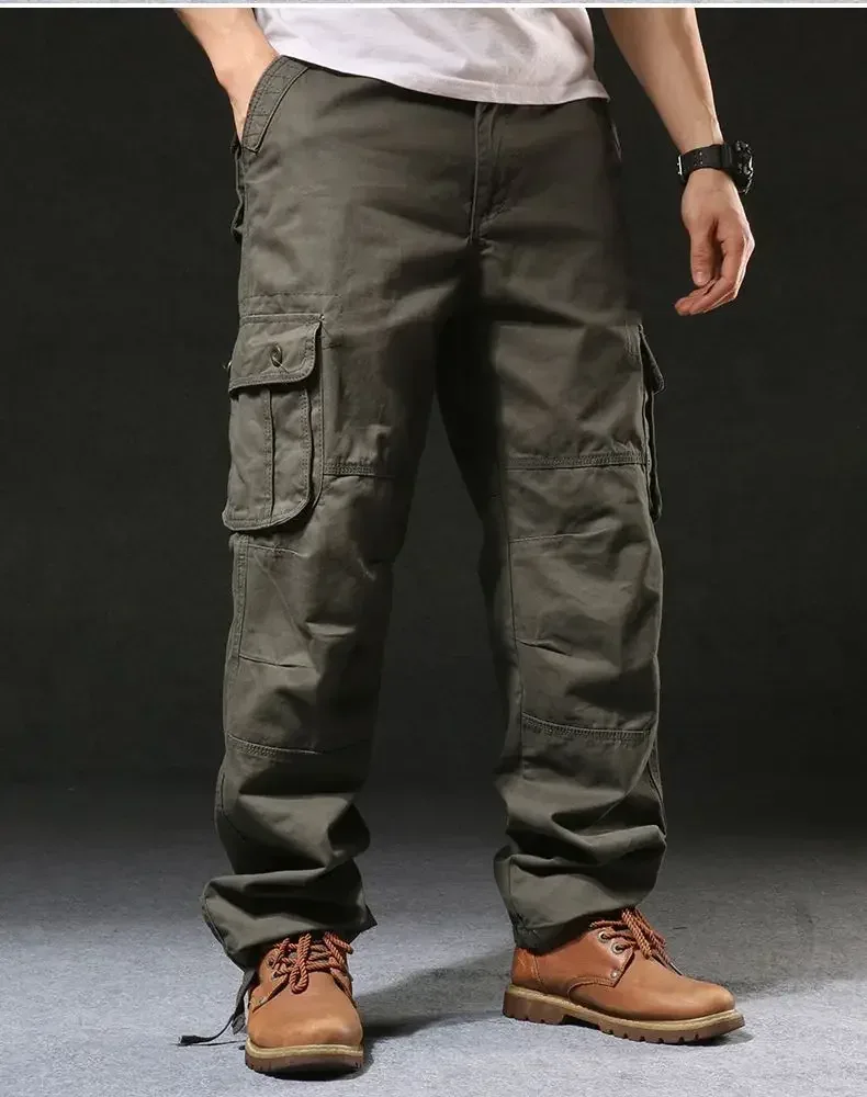 Cross-Border Men's Cargo Pants Spring Autumn Loose-Fit Pure Cotton Multi-Pocket Plus Size Straight-Leg Casual Pants