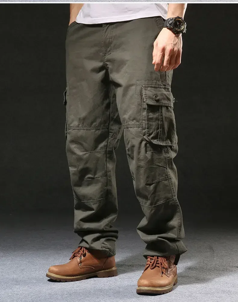 Cross-Border Men's Cargo Pants Spring Autumn Loose-Fit Pure Cotton Multi-Pocket Plus Size Straight-Leg Casual Pants