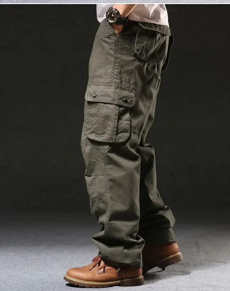 Cross-Border Men's Cargo Pants Spring Autumn Loose-Fit Pure Cotton Multi-Pocket Plus Size Straight-Leg Casual Pants