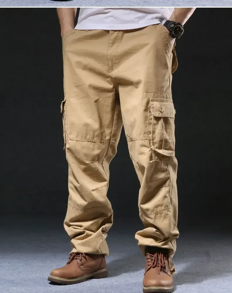 Cross-Border Men's Cargo Pants Spring Autumn Loose-Fit Pure Cotton Multi-Pocket Plus Size Straight-Leg Casual Pants