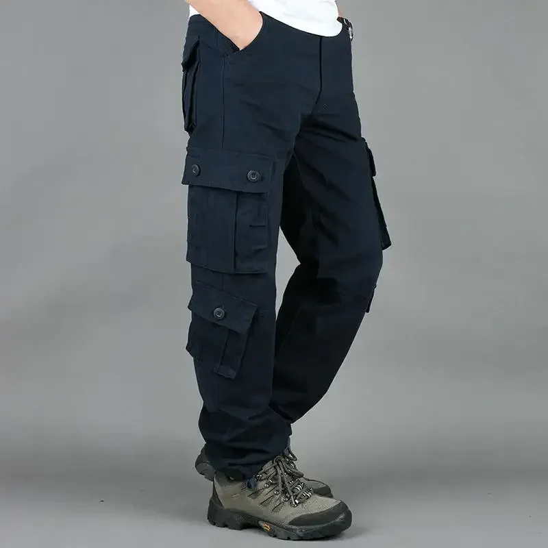 Cross-Border Men's Cargo Pants Spring Autumn Loose-Fit Pure Cotton Multi-Pocket Plus Size Straight-Leg Casual Pants