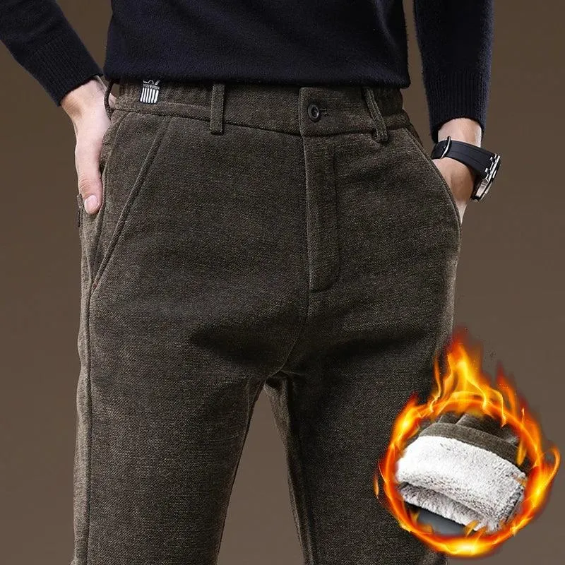 Casual Pants Men Winter New Fleece Business Elastic Waist Slim Korean Warm Thick Brushed Plush Trousers Male 28-38