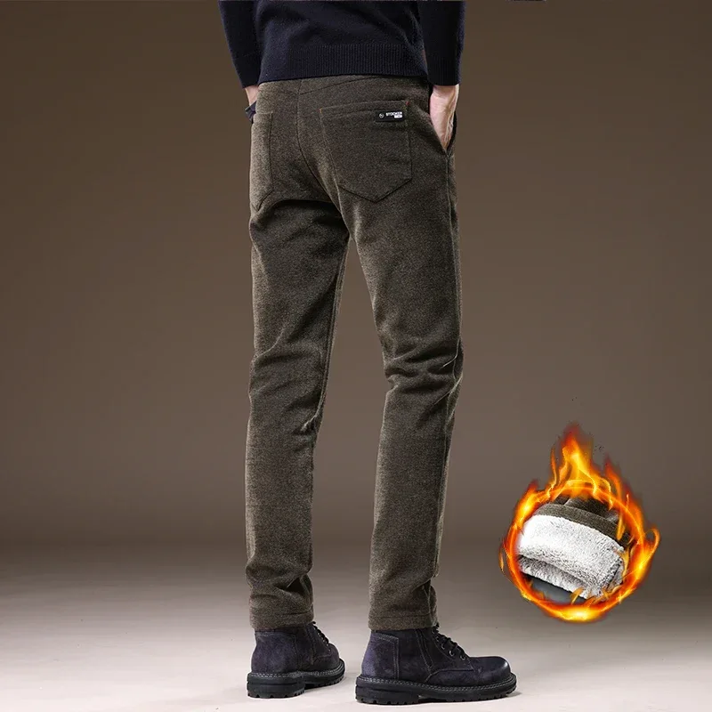 Casual Pants Men Winter New Fleece Business Elastic Waist Slim Korean Warm Thick Brushed Plush Trousers Male 28-38