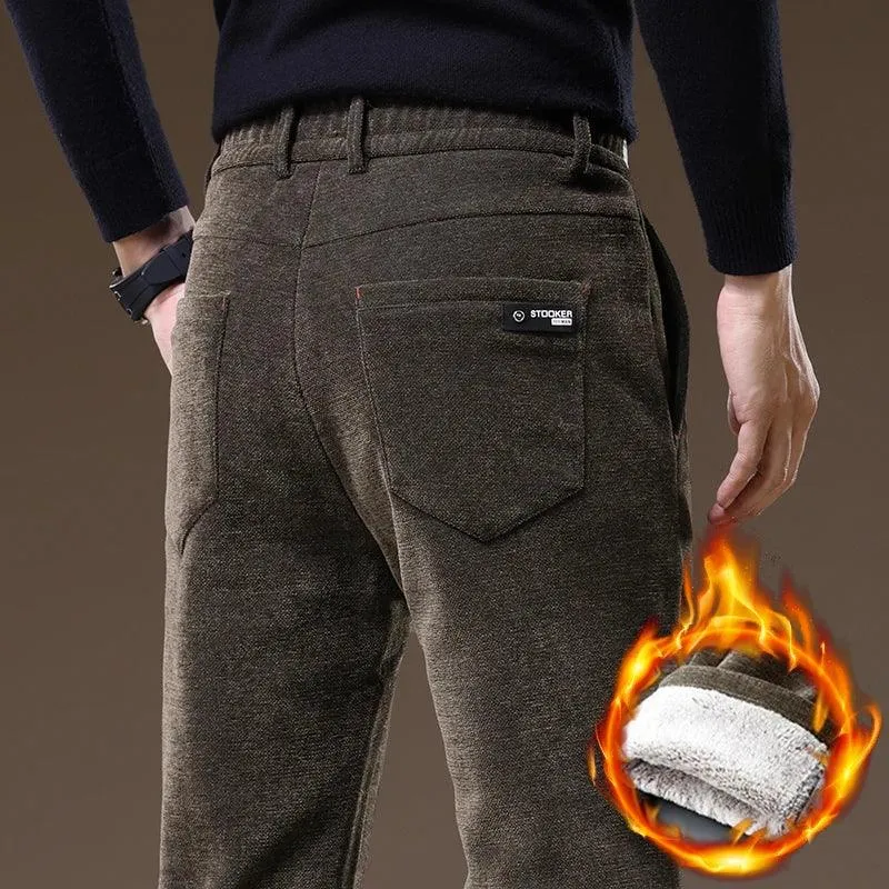 Casual Pants Men Winter New Fleece Business Elastic Waist Slim Korean Warm Thick Brushed Plush Trousers Male 28-38
