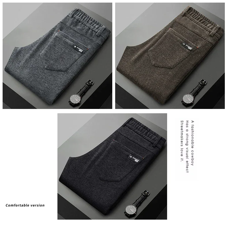 Casual Pants Men Winter New Fleece Business Elastic Waist Slim Korean Warm Thick Brushed Plush Trousers Male 28-38