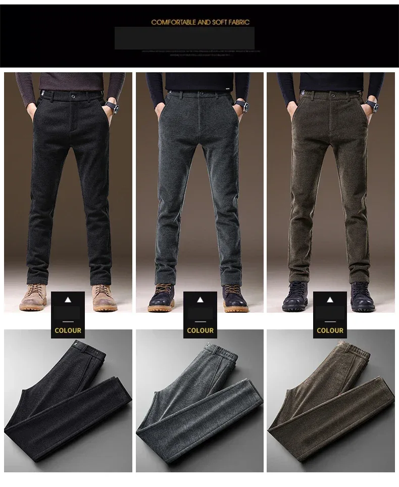 Casual Pants Men Winter New Fleece Business Elastic Waist Slim Korean Warm Thick Brushed Plush Trousers Male 28-38