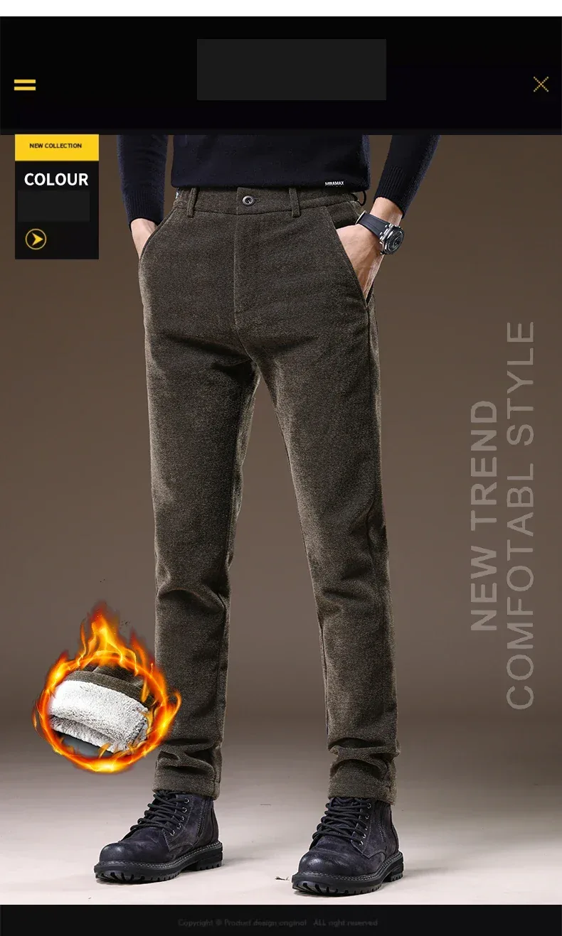 Casual Pants Men Winter New Fleece Business Elastic Waist Slim Korean Warm Thick Brushed Plush Trousers Male 28-38
