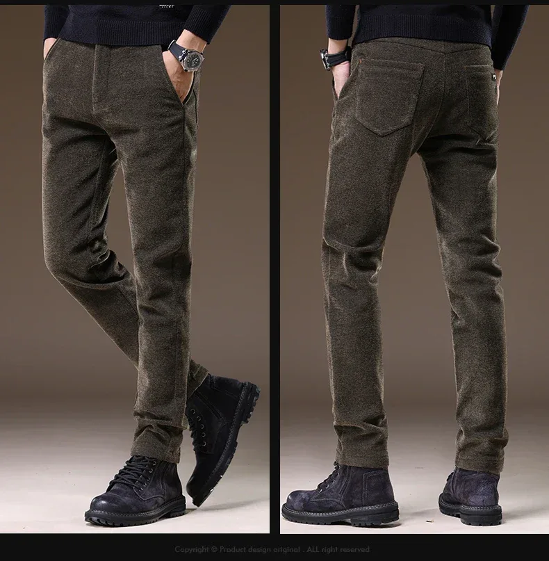 Casual Pants Men Winter New Fleece Business Elastic Waist Slim Korean Warm Thick Brushed Plush Trousers Male 28-38