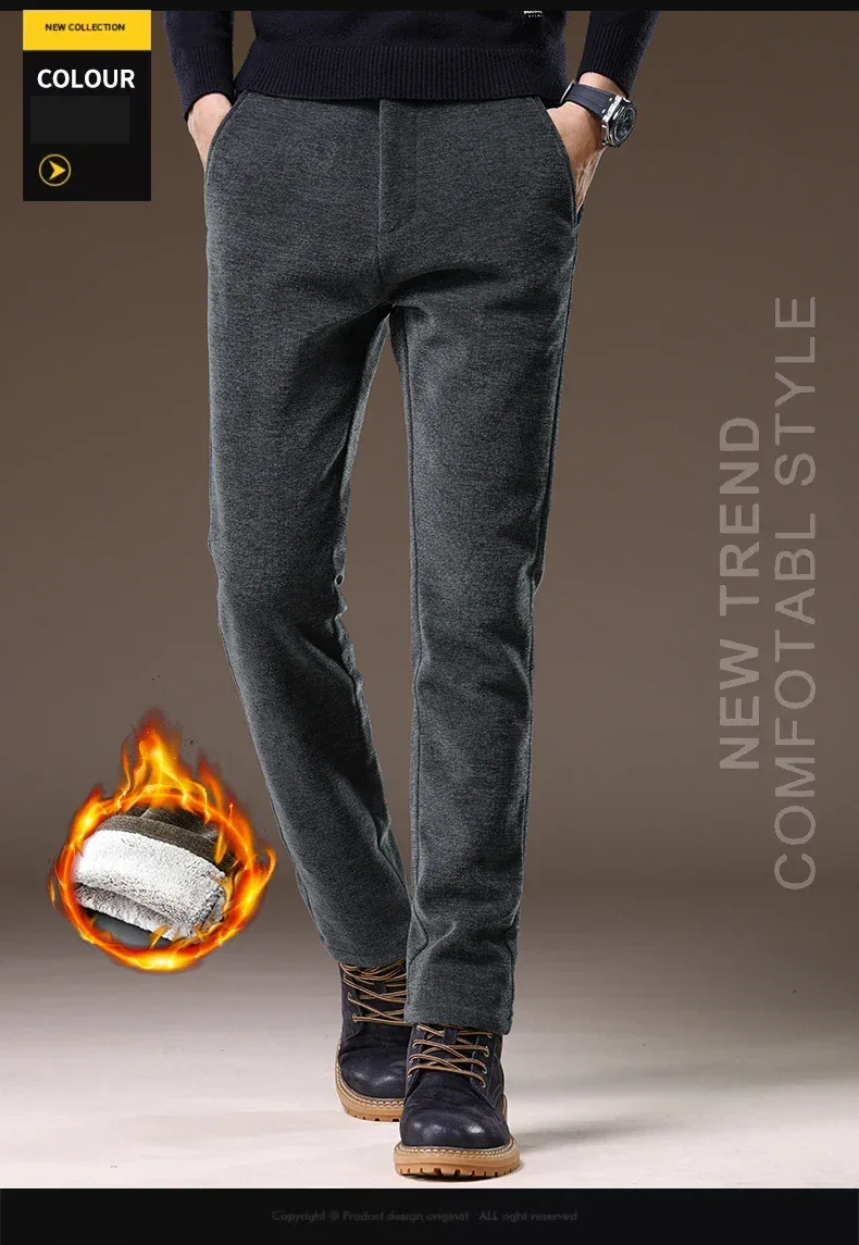Casual Pants Men Winter New Fleece Business Elastic Waist Slim Korean Warm Thick Brushed Plush Trousers Male 28-38
