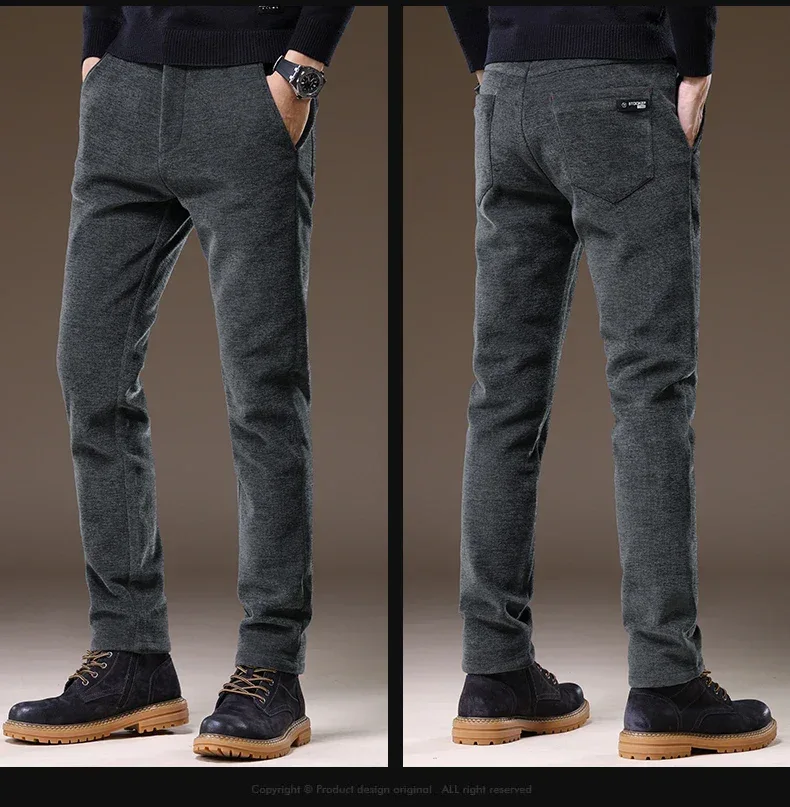Casual Pants Men Winter New Fleece Business Elastic Waist Slim Korean Warm Thick Brushed Plush Trousers Male 28-38