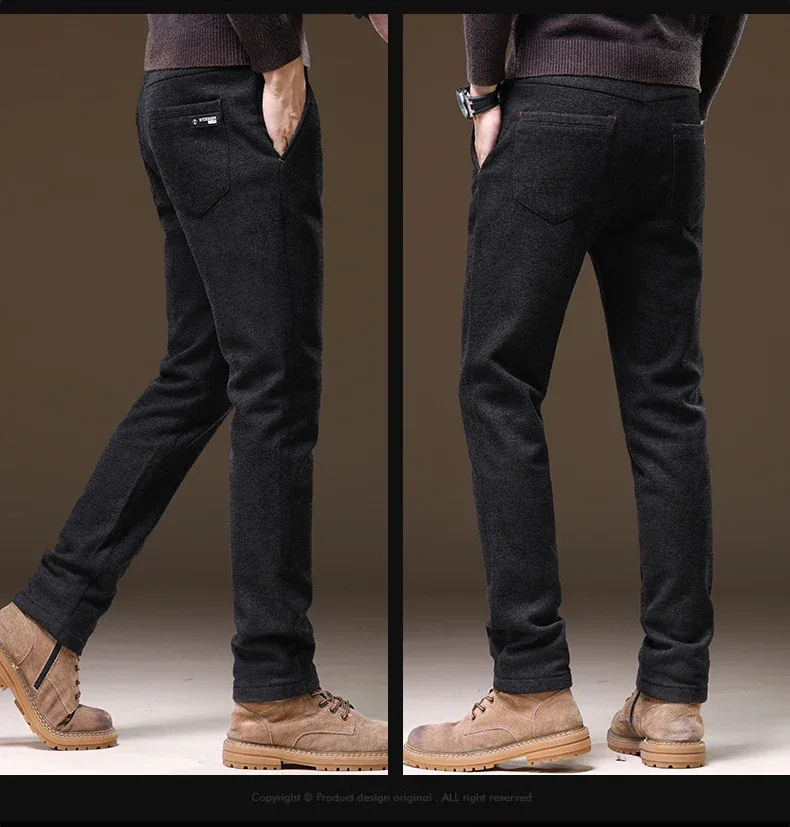 Casual Pants Men Winter New Fleece Business Elastic Waist Slim Korean Warm Thick Brushed Plush Trousers Male 28-38