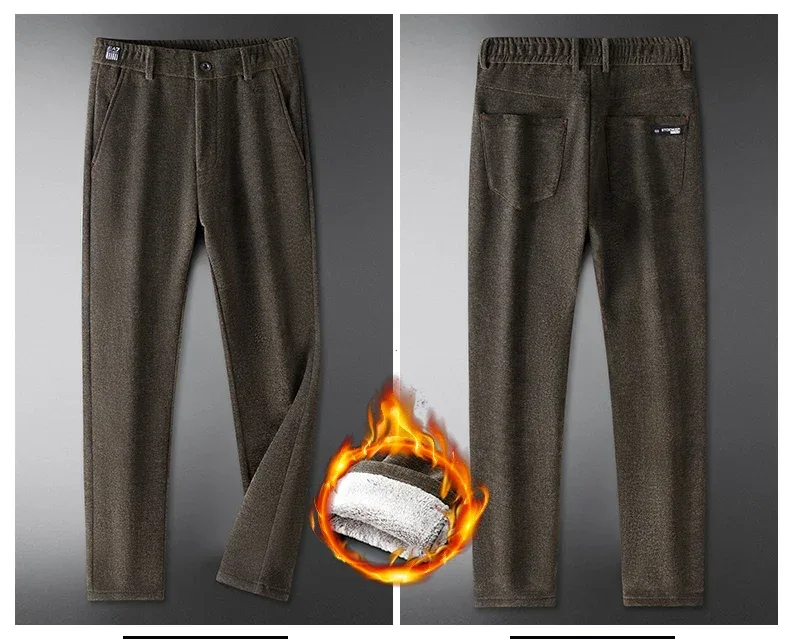Casual Pants Men Winter New Fleece Business Elastic Waist Slim Korean Warm Thick Brushed Plush Trousers Male 28-38