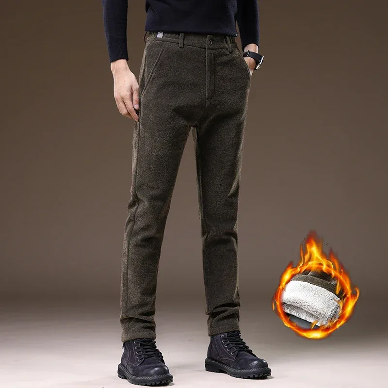 Casual Pants Men Winter New Fleece Business Elastic Waist Slim Korean Warm Thick Brushed Plush Trousers Male 28-38