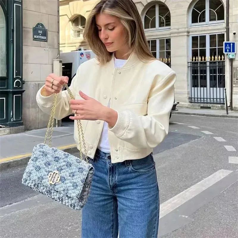 EDSA Woman Bomber Jacket White Autumn Winter Button Cropped Jackets for Women Fashion Long Sleeve Crop Outerwear