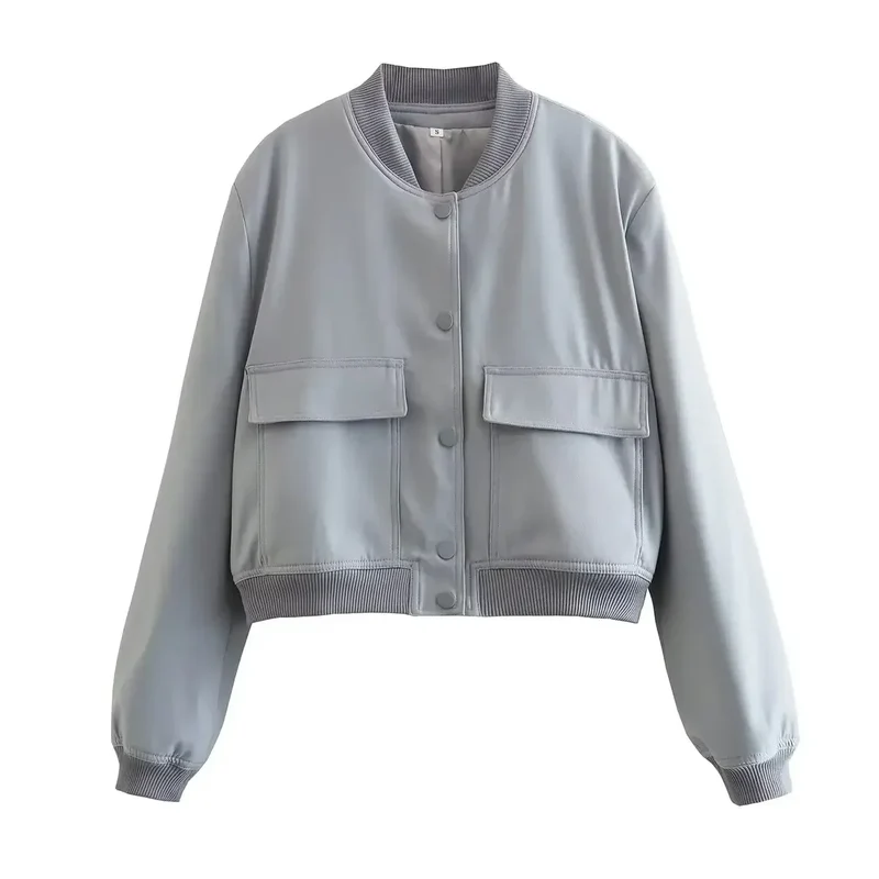 EDSA Woman Bomber Jacket White Autumn Winter Button Cropped Jackets for Women Fashion Long Sleeve Crop Outerwear