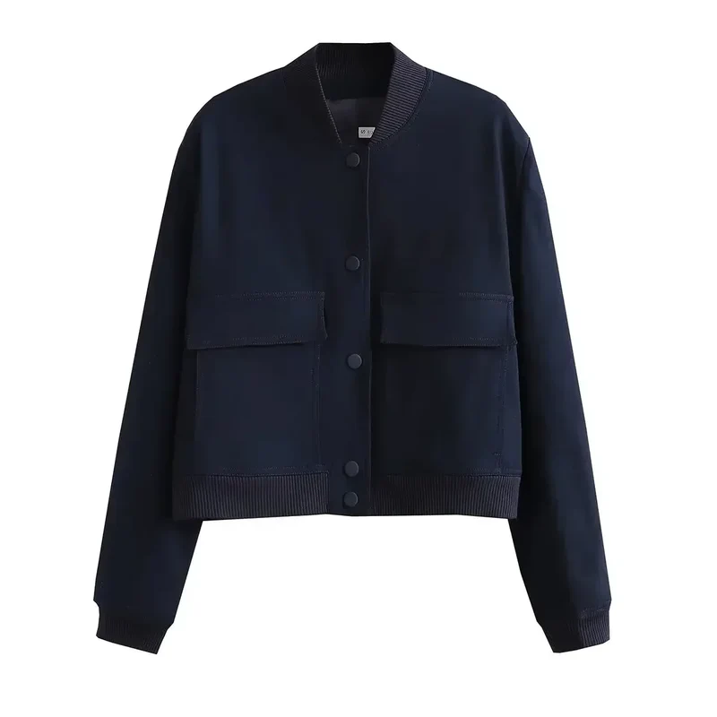 EDSA Woman Bomber Jacket White Autumn Winter Button Cropped Jackets for Women Fashion Long Sleeve Crop Outerwear