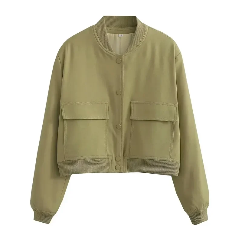 EDSA Woman Bomber Jacket White Autumn Winter Button Cropped Jackets for Women Fashion Long Sleeve Crop Outerwear