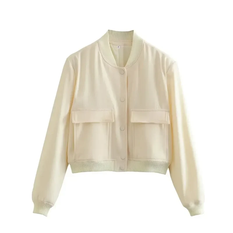 EDSA Woman Bomber Jacket White Autumn Winter Button Cropped Jackets for Women Fashion Long Sleeve Crop Outerwear