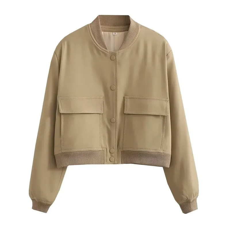 EDSA Woman Bomber Jacket White Autumn Winter Button Cropped Jackets for Women Fashion Long Sleeve Crop Outerwear