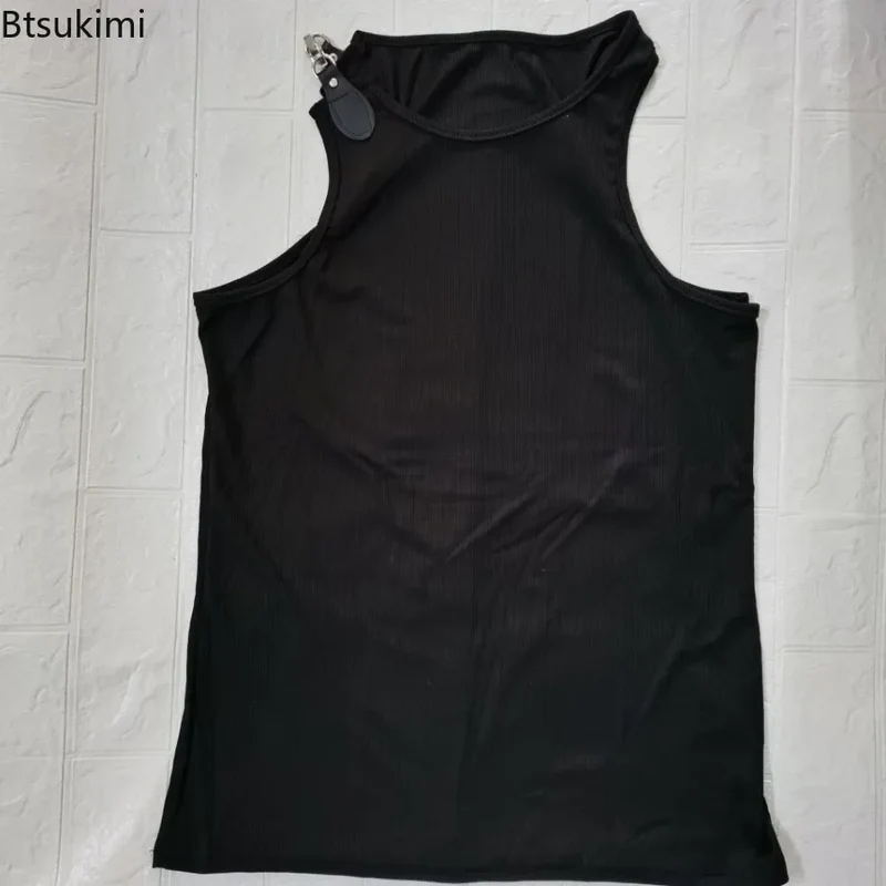 2026 Streetwear Men's Sexy Chain Button Straps Tank Tops Hip Hop Vest T-shirts Men Sleeveless Elastic Slim Fitness Muscle Vests